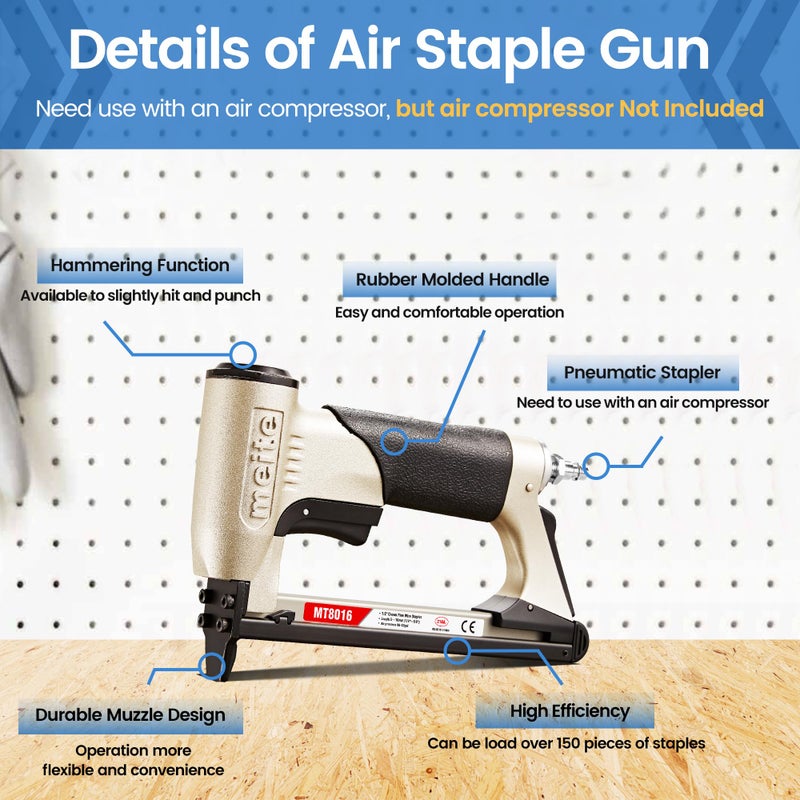 meite Pneumatic Upholstery Staple Gun for 21 Gauge 1/2-Inch Crown Staples, Heavy-Duty Stapler Gun for Woodworking, Carpentry, and DIY Projects (Model MT8016) - Image 4
